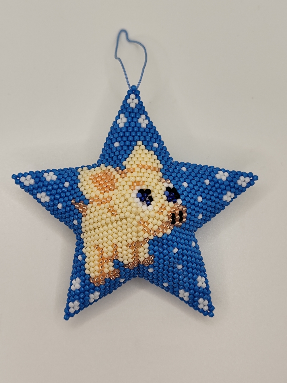 Handmade Blue Star Ornament with Cream Piggy Beadwork
